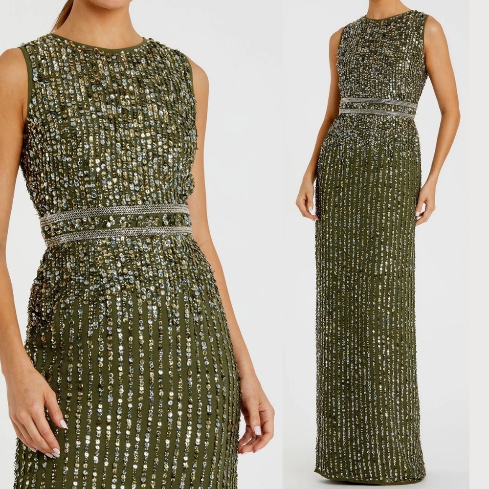 Mac Duggal Size 14 Green Silver Gold Sequin High Neck Long Maxi Gown Dress‎ - Picture 2 of 5